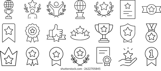 Awards and Bonuses Editable Icons Set – Vector Illustration in Modern Thin Line Style Featuring Cups, Medals, Diplomas, Ribbons, Stars, and Champion Symbols