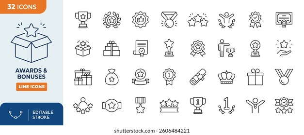 Awards and Bonuses line editable Icons set. Containing Cups, Awards, Medals, Diplomas, Champion, Number One, Stars, Winner, Ribbon, and more. Vector illustration