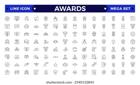 Conjuntos de ícones de tópicos de Prêmios e Bônus. Ilustração vetorial no estilo moderno de linha fina de ícones, tais como: Copos, Prêmios, Medalhas, Diplomas, Campeão, Número Um, Estrelas, Vencedor, Fita.
