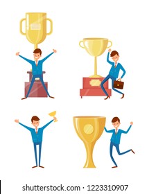 Awards in business, achieving results vector people. Successful businessman and trophy cups, golden rewards and executive workers win the best prize.