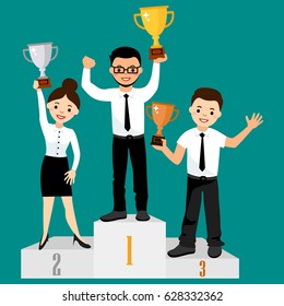 Awards ceremony. Business woman and mans in office form with winner cup on a pedestal.Vector illustration in a flat style