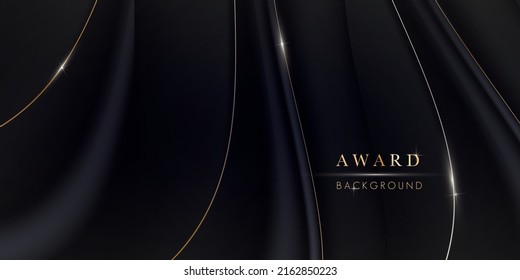 Ceremonia de premios de lujo fondo ondulado negro. El fondo de lujo de seda negra. Resumen de elementos de diseño de ondas negras y doradas y efecto brillante sobre el fondo oscuro. Lujosas rayas brillantes. Vector