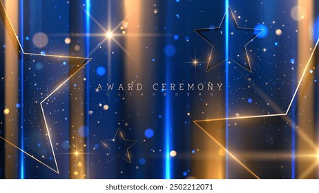 Escena de ceremonia de premios con elegante marco de estrella dorada, fondo de lujo azul.