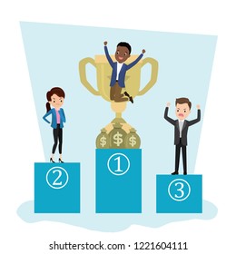 Awards Ceremony. Three People stand on the podium, happy and sad businessmen standing on pedestal,jumping african american male winner and losers,flat vector illustration