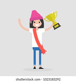 Awards ceremony. Young female successful character wearing a red ribbon and holding a champion cup. Achievement. Flat editable vector illustration, clip art