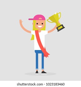 Awards ceremony. Young female successful character wearing a red ribbon and holding a champion cup. Achievement. Flat editable vector illustration, clip art