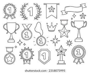 Awards, champion, winner prize doodle set. Trophy cups, medals, orders, winner flag, ribbon in sketch style. First place elements. Hand drawn vector illustration isolated on white background