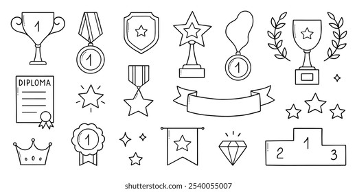 Prêmios, campeão, ganhador prêmio doodle set. Copos de troféu, medalhas, ordens, bandeira, fita em estilo de esboço. Elementos de primeiro lugar. Ilustração de vetor desenhada à mão isolada em fundo branco.