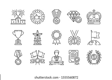 Awards color line icons set. Championship prizes. Victory elements: ceremony, medal, trophy, diploma.