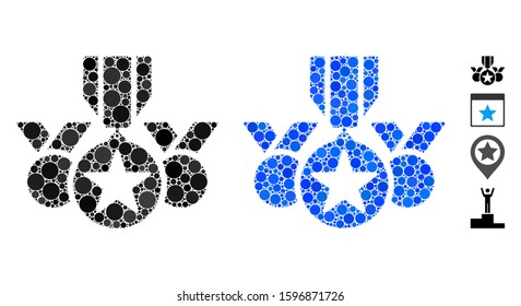 Awards composition of small circles in variable sizes and color tones, based on awards icon. Vector random circles are organized into blue composition. Dotted awards icon in usual and blue versions.