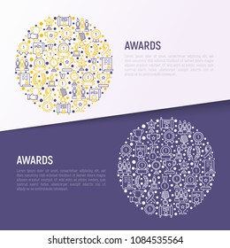 Awards concept in circle with thin line icons: trophy, medal, cup, star, statuette, ribbon. Modern vector illustration of prizes for competition. Template for print media, banner.