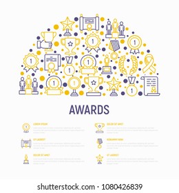Awards concept in half circle with thin line icons: trophy, medal, cup, star, statuette, ribbon. Modern vector illustration of prizes for competition. Template for print media, banner.