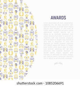 Awards concept with thin line icons: trophy, medal, cup, star, statuette, ribbon. Modern vector illustration of prizes for competition. Template for print media, banner.