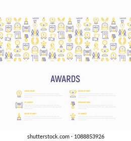 Awards concept with thin line icons: trophy, medal, cup, star, statuette, ribbon. Modern vector illustration of prizes for competition. Template for print media, banner.