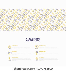 Awards concept with thin line icons: trophy, medal, cup, star, statuette, ribbon. Modern vector illustration of prizes for competition. Template for print media, banner.