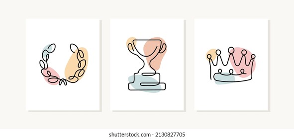 Awards continuous line posters. Laurel wreath, cup and crown illustrations.