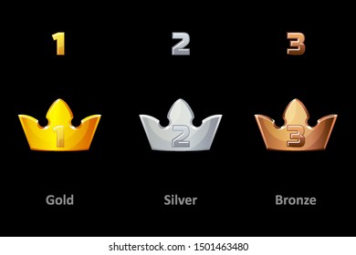 Awards crown icons. Collection gold, silver and bronze crown award for winners. Vector isolated elements for logo, label, game an app design. Royal king, queen, princess crown