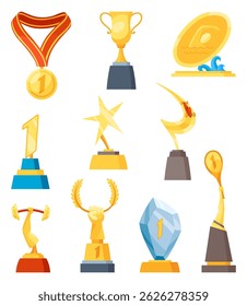 Awards cup icon set. Trophy symbol, winners cup, for first place. Champions trophy, 1st prize reward. Symbol of victory in sporting event, competition. Vector cartoon illustration