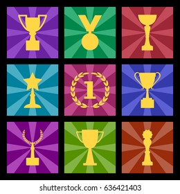 Awards and cups, colorful set, vector illustration