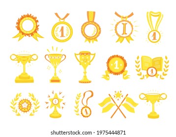 Awards cups and medals. Icon set, hand-drawn flat style. First place, top achievement. Yellow gold and orange color.