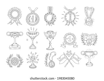 Awards cups and medals. Icon set, hand-drawn flat style. First place, top achievement. Hand drawn sketch outline contour line. Open paths. Editable stroke.