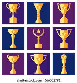 Awards and cups on a colored background, flat icons, vector set