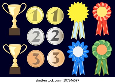Awards, cups, ribbons, medals set in vector