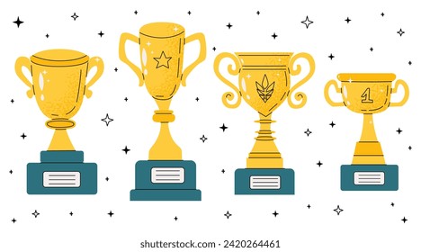 Awards and cups for victory in cartoon style. Champion cup and prizes in retro flat style. Hand drawn award decorative icons. Vintage trophies, first place award.