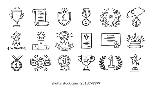 Auszeichnungen Doodle, Trophäenbecher, Medaillen und Diplom-Set. Handgezeichneter Champion-Pokal und Goldmedaille. Zeichnung Preis dekorative einzelne Symbole. Vektorgrafik