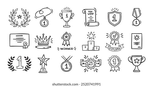 Auszeichnungen Doodle, Trophäenbecher, Medaillen und Diplom-Set. Handgezeichneter Champion-Pokal und Goldmedaille. Zeichnung Preis dekorative einzelne Symbole. Vektorgrafik