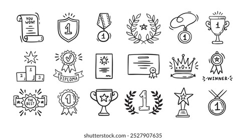 Awards doodle, trophy cups, first place medals and diploma set. Hand drawn champion trophy cup and gold medal. Drawing award decorative isolated icons. Vector illustration