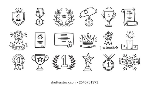 Auszeichnungen Doodle, Trophäenbecher, Medaillen und Diplom-Set. Handgezeichneter Champion-Pokal und Goldmedaille. Zeichnung Preis dekorative einzelne Symbole. Vektorgrafik