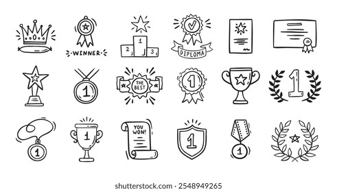 Premios doodle, copas de trofeo, medallas de primer lugar y set de diplomas. Taza de trofeo de campeón dibujado a mano y medalla de oro. Premio de dibujo de iconos decorativos aislados. Ilustración vectorial