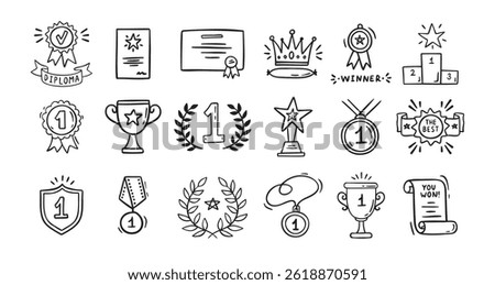 Awards doodle, trophy cups, first place medals and diploma set. Hand drawn champion trophy cup and gold medal. Drawing award decorative isolated icons. Vector illustration