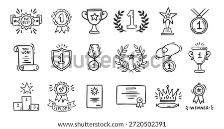 Awards doodle, trophy cups, first place medals and diploma set. Hand drawn champion trophy cup and gold medal. Drawing award decorative isolated icons. Vector illustration