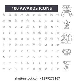 Awards editable line icons, 100 vector set, collection. Awards black outline illustrations, signs, symbols
