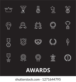 Awards editable line icons vector set on black background. Awards white outline illustrations, signs, symbols