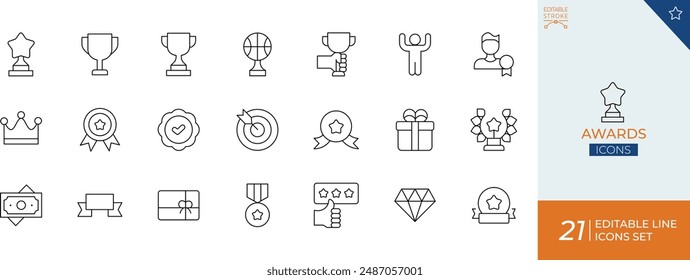 Awards Editable Stroke Line Icons" likely refers to a collection of icon graphics depicting various awards and accolades, designed with editable stroke lines.