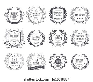 Awards emblems black white set with ribbons isolated vector illustration