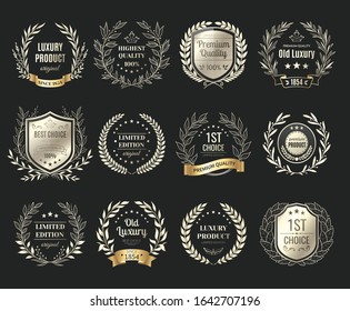 Awards emblems realistic set on black background isolated vector illustration