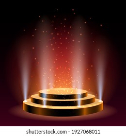 Awards empty pedestal. Successful emptiness gold stage spotlights iluminated, contest celebration or presentation bright round podium in dark, advertising ceremony vector background