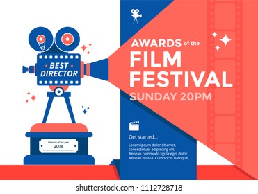 Awards film festival banner. Cinema poster template with camera. Vector illustration