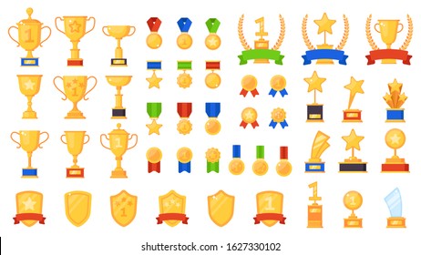 Awards flat. Different sport trophy, golden cups medals for achievements and laurel wreaths and prizes, success winners star symbols design vector icons