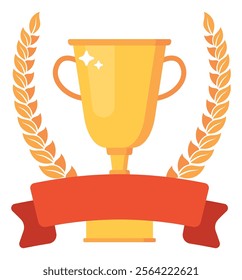 Awards flat. Sport trophy, golden cup, laurel wreaths and red empty ribbon, winner symbol badge design. Championship and tournament goblet. Business goal achievement. Vector isolated icon