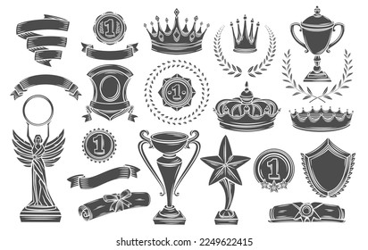 Awards glyph icons set vector illustration. Silhouette of gold medal prize for first place of winner, reward royal crown and diploma roll with seal or ribbon, laurel leaves emblem, award cup on stand