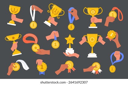 Awards in hands. Sport trophy collection triumph medals and badges recent vector illustrations stylized in flat style