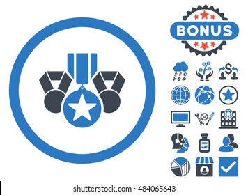 Awards icon with bonus design elements. Vector illustration style is flat iconic bicolor symbols, smooth blue colors, white background.