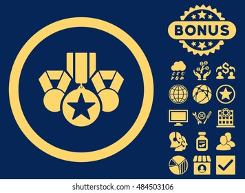 Awards icon with bonus images. Vector illustration style is flat iconic symbols, yellow color, blue background.