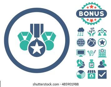 Awards icon with bonus pictogram. Vector illustration style is flat iconic bicolor symbols, cobalt and cyan colors, white background.