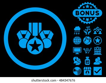 Awards icon with bonus symbols. Vector illustration style is flat iconic symbols, blue color, black background.